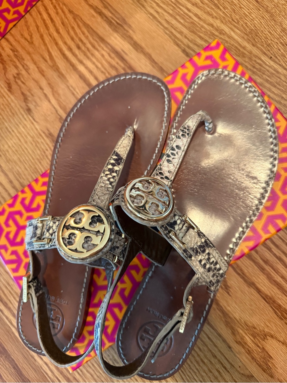 Tory Burch Gold Metallic Snake-Print Miller Thong Sandals - Picture 3 of 3